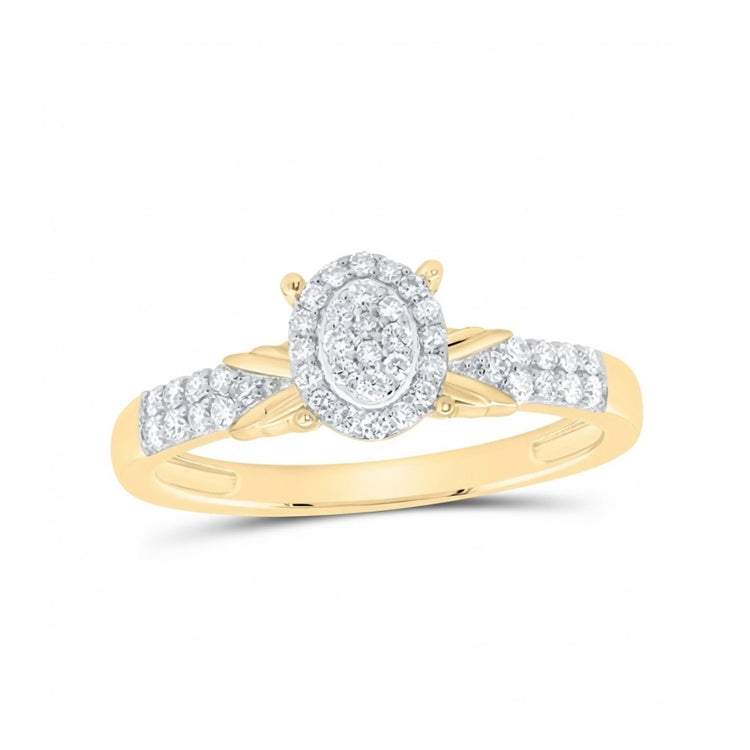 The 1/4CTW Diamond Oval Halo Engagement Ring in 10K gold features a cluster of natural diamonds at the center, surrounded by a sparkling halo and additional diamonds set along the upper band.