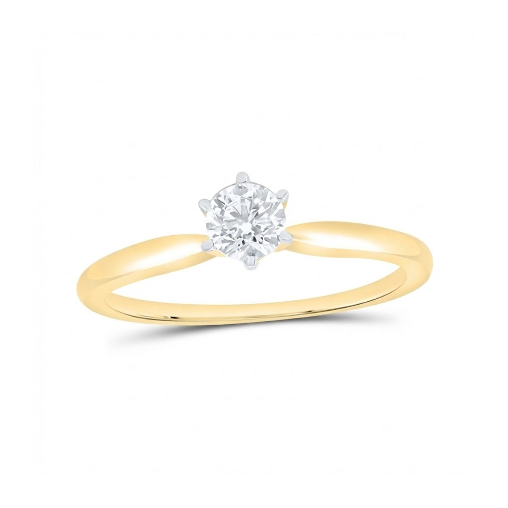 The 14k Yellow Gold Diamond Solitaire Bridal Ring 3/8 Cttw features a simple band with a round-cut diamond in a classic six-prong setting, shown on a white background.