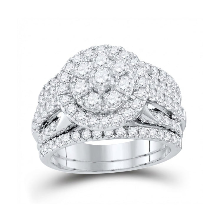 The 14k White Gold Round Diamond Wedding Ring Set 2 Cttw showcases a large circular diamond cluster, double halos, and accent stones along the split shank band for a sparkling, elegant look.