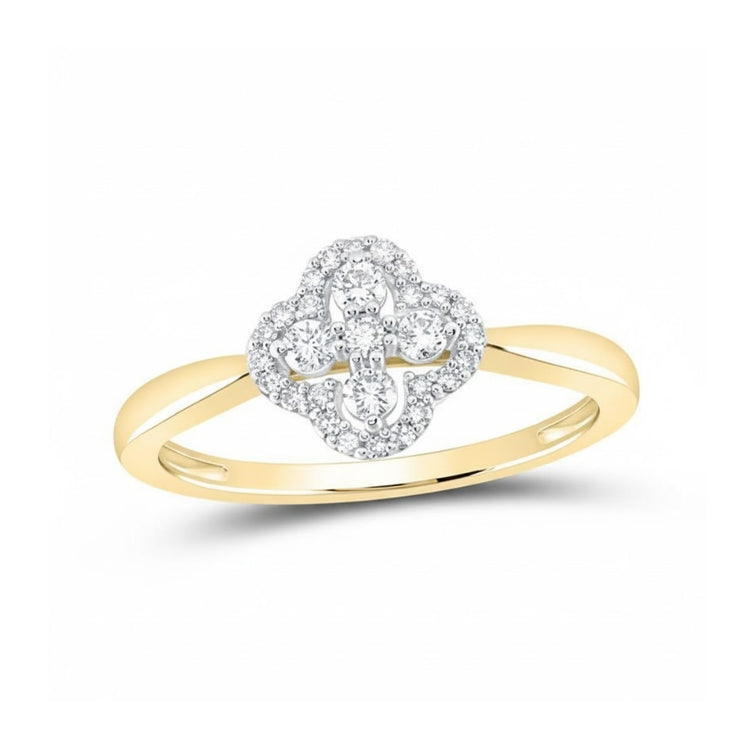 A beautiful 10k white and rose gold clover ring featuring a split band and a floral cluster of natural diamonds (1/4 cttw)—a stunning addition to any jewelry collection.