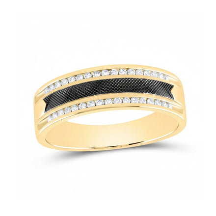 The 14k Yellow Gold Black Tone Diamond Wedding Band 1/4 Cttw features two rows of white diamonds flanking a central black textured band, showcased on a plain white background.