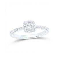 The 14k Gold Princess Diamond Halo Engagement Ring showcases a square-cut center stone with a halo of diamonds and additional diamond accents on the band.