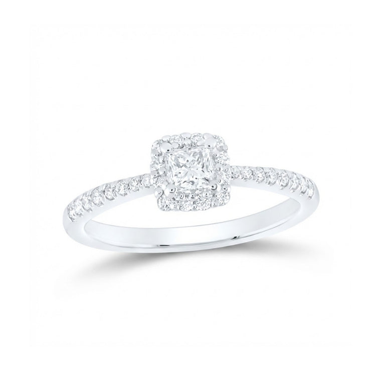 The 14k Gold Princess Diamond Halo Engagement Ring showcases a square-cut center stone with a halo of diamonds and additional diamond accents on the band.