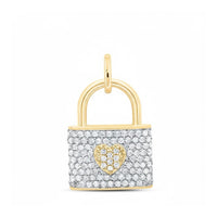 The 1/4CTW Natural Diamond Heart Lock Pendant Gift in 10K yellow gold dazzles with a padlock-inspired design, sparkling diamonds, and a heart lock center—an eye-catching diamond jewelry piece shown on a plain white background.