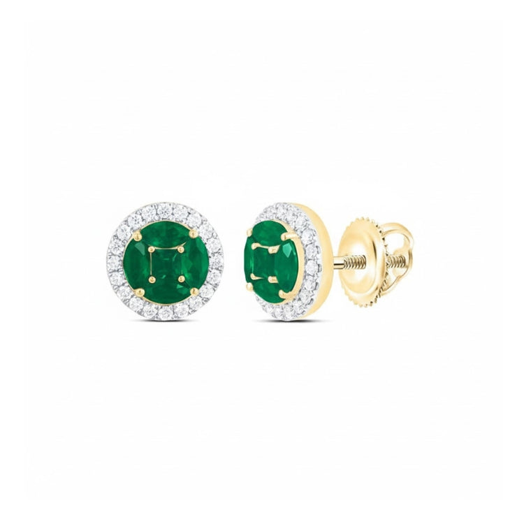 14K Yellow Gold Diamond & Emerald Gem Earrings close-up detail - GOLDZENN
