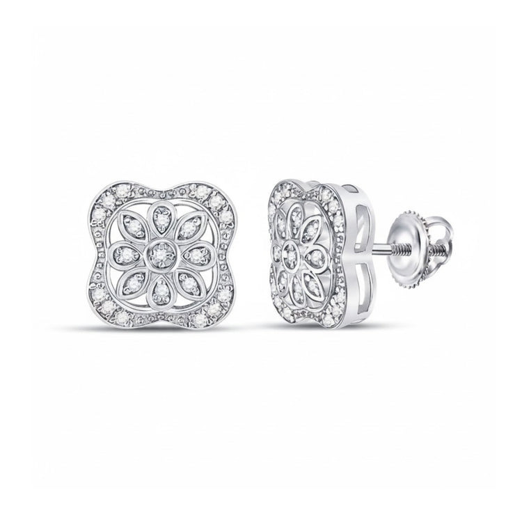 Sterling Silver Diamond Flower Earrings 1/8 Cttw close-up detail - GOLDZENN
