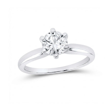 The 14k White Gold Round Diamond Solitaire Bridal Ring showcases a single round-cut diamond in a six-prong setting on a plain, polished 14k white gold band.