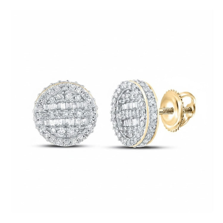 The 3/4CTW Baguette Diamond Circle Earrings in 10K Gold feature concentric circles of diamonds with a central baguette row and secure screw-backs—elegant diamond cluster earrings for any occasion.