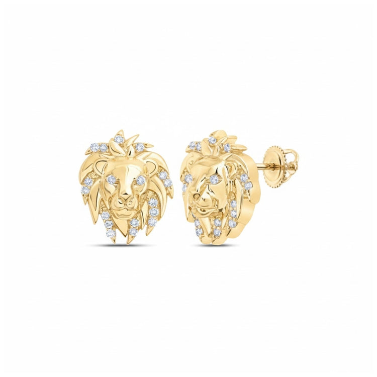 1/12CTW Round Diamond Lion Face Stud Earrings - 10K Yellow Gold close-up detail - GOLDZENN