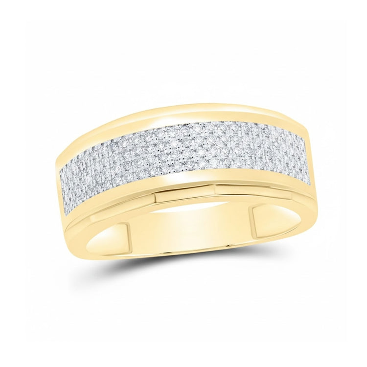 The 10K Yellow Gold Diamond Band Ring 1/3 Cttw features a central strip of sparkling diamonds set against polished gold for a striking, elegant look.