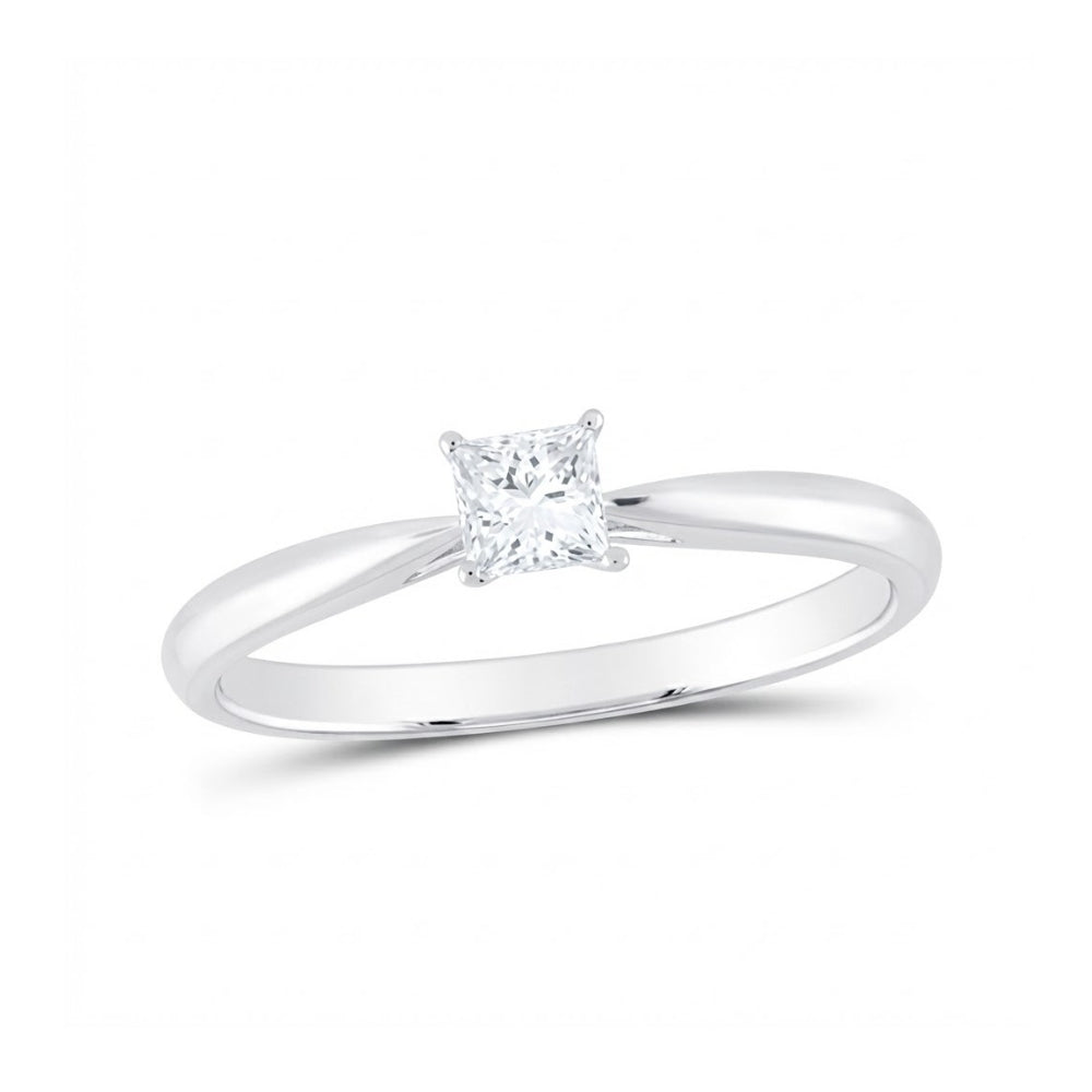 A sleek 1/4CT princess diamond solitaire ring in 14K gold, featuring a single center diamond on a plain, slender band, shown against a white background.
