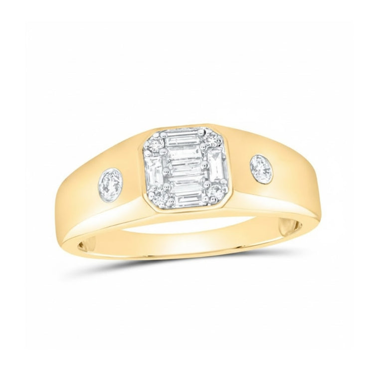 The 10k Gold Baguette Diamond Band Ring 3/8 Cttw showcases a rectangular array of baguette and round diamonds at the center, flanked by oval diamonds—a stunning wedding band option.