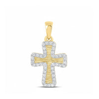 The 1/5CTW Diamond Cross Pendant in 10K Yellow Gold features natural diamonds outlining a textured yellow gold center and a gold bail for attaching to a chain, shown against a plain white background.