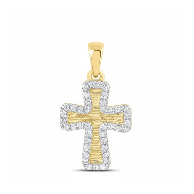 The 1/5CTW Diamond Cross Pendant in 10K Yellow Gold features natural diamonds outlining a textured yellow gold center and a gold bail for attaching to a chain, shown against a plain white background.