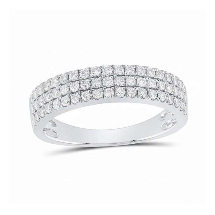 The 14k White Gold Men’s Diamond Band Ring 7/8 Cttw features four rows of small, round white diamonds set across the top half, creating a sparkling and elegant accessory for a stylish look.