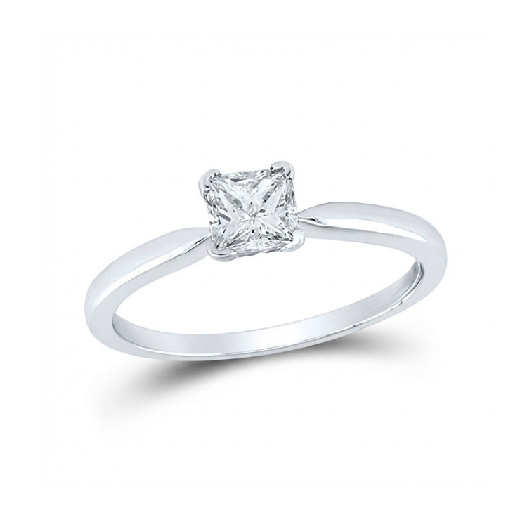 The 14k White Gold Princess Diamond Solitaire Ring 1/2 Cttw features a single princess diamond set in an elegant white gold band, shown against a white background.