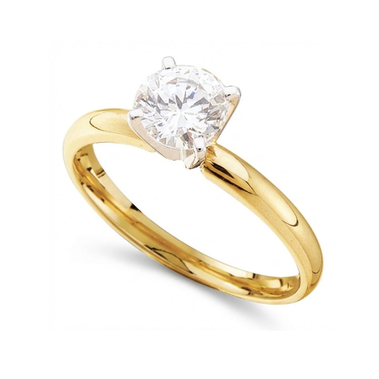 The 14k Yellow Gold Round Diamond Bridal Ring 7/8 Cttw showcases a brilliant round diamond solitaire in a classic four-prong setting.
