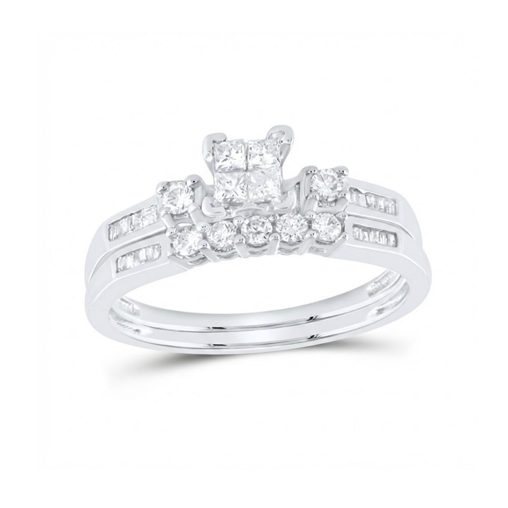 The 10k White Gold Princess Diamond Bridal Ring Set 3/8 Cttw highlights a square-cut center diamond, round diamonds on the band, and a matching diamond wedding ring set beneath it.