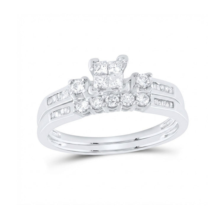 The 10k White Gold Princess Diamond Bridal Ring Set 3/8 Cttw highlights a square-cut center diamond, round diamonds on the band, and a matching diamond wedding ring set beneath it.