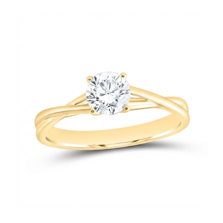 The 14k Yellow Gold Round Diamond Solitaire Ring showcases a single round-cut diamond in a secure four-prong setting on a twisted band—ideal as an elegant engagement ring.