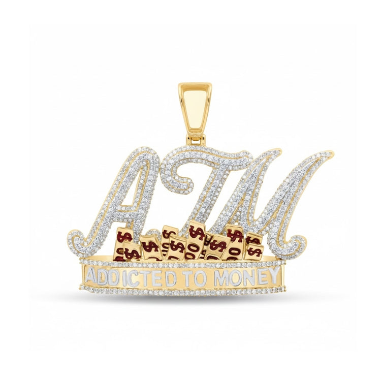 The 2 3/8CTW Natural Diamond Mens Charm features an ATM design in 10k yellow gold, set with natural diamonds, red dollar signs, and "ADDICTED TO MONEY" inscribed in gold at the base.