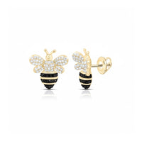 Black Diamond Honey Bee Earrings in 10K Yellow Gold close-up detail - GOLDZENN
