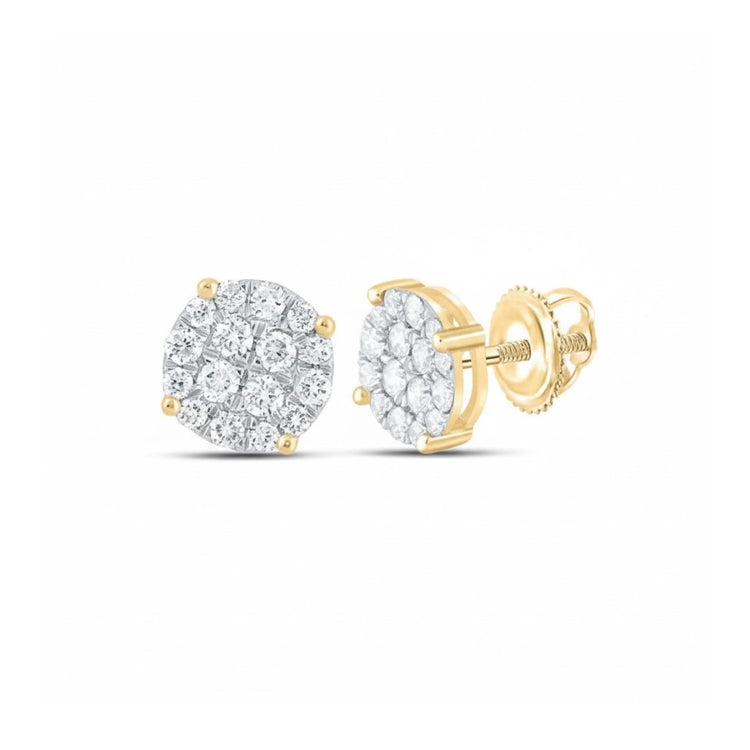 14k Yellow Gold Diamond Cluster Earrings 1/2 Cttw close-up detail - GOLDZENN