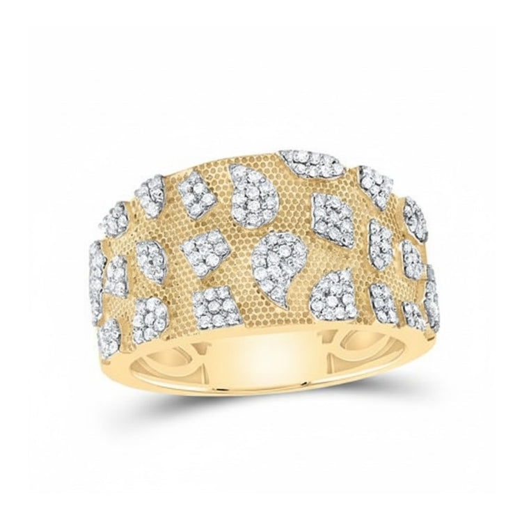 The 5/8CTW Natural Diamond Men's Nugget Ring in 10K gold features a textured, wide band adorned with clusters of sparkling white diamonds set in unique, irregular patterns.