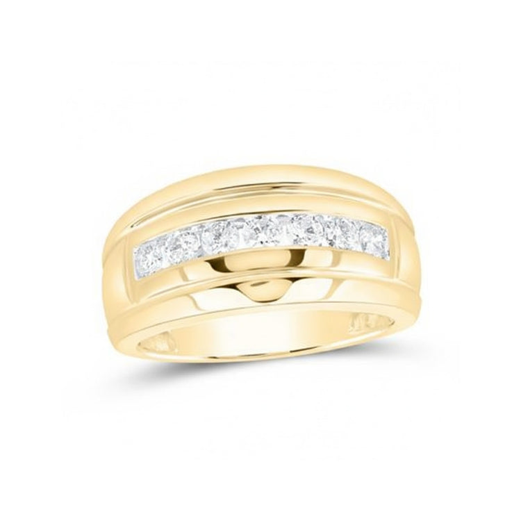 The 10k Gold Diamond Ridged Wedding Band 3/4 Cttw showcases sparkling round diamonds set in a horizontal channel along the center of its wide yellow gold band.