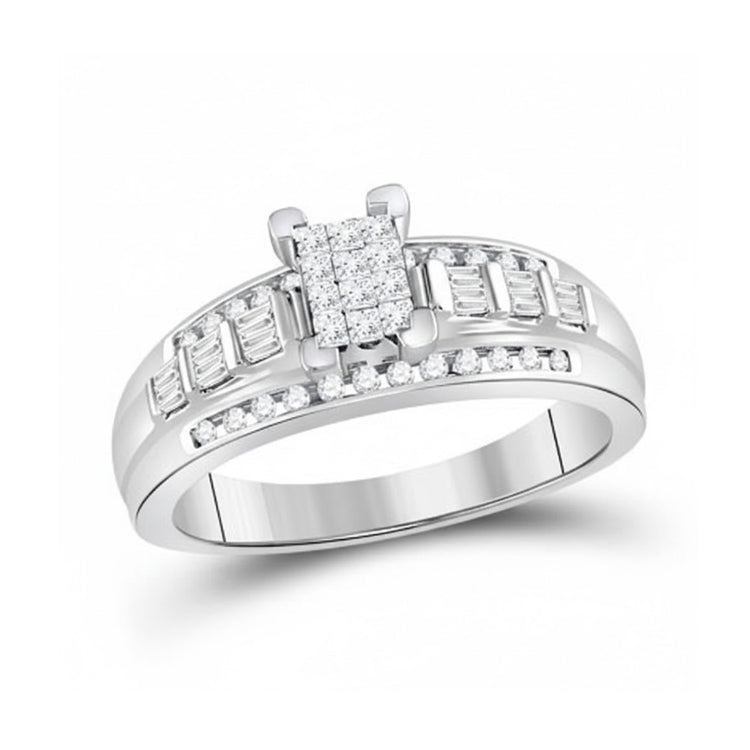 The 10k White Gold Princess Diamond Engagement Ring 1/2 Cttw features a square diamond cluster center with baguette and round accent diamonds on the band, creating a stunning bridal ring design.