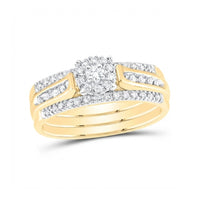 The 14k Yellow Gold 3-Piece Diamond Bridal Ring Set features three bands with a central round diamond cluster and additional diamonds along each band for a sparkling, elegant look.