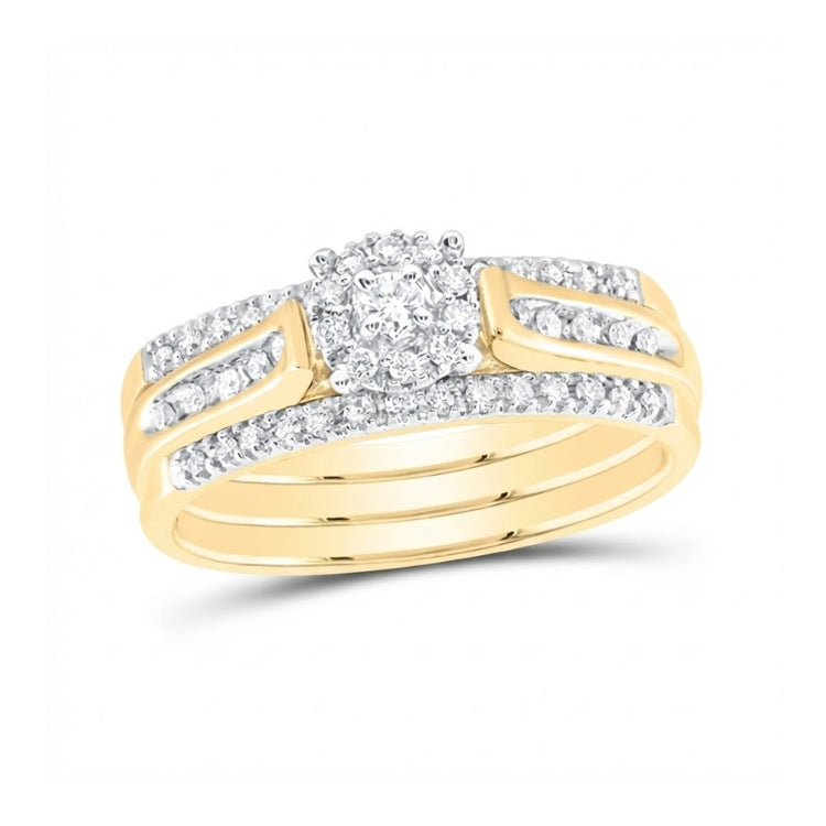 The 14k Yellow Gold 3-Piece Diamond Bridal Ring Set features three bands with a central round diamond cluster and additional diamonds along each band for a sparkling, elegant look.