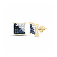 10k Yellow Gold Blue Diamond Square Earrings 1/10 Cttw close-up detail - GOLDZENN