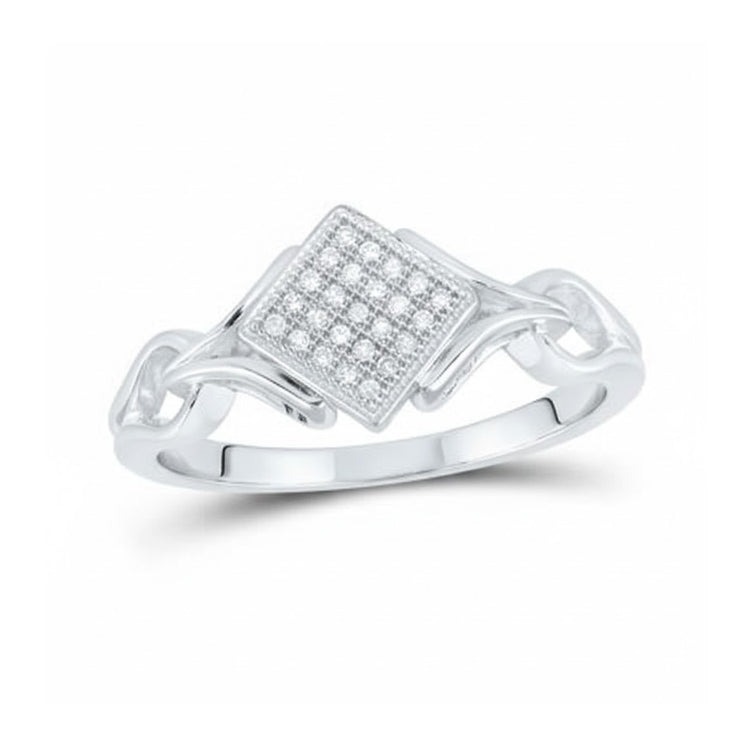The 10k White Gold Diamond Offset Square Ring 1/12 Cttw features a square diamond cluster on a split shank band with geometric openwork sides.