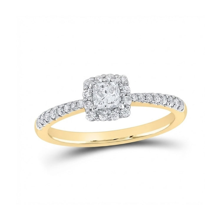 The 14k Gold Princess Diamond Halo Engagement Ring features a square-shaped princess center stone, encircled by a sparkling halo and additional diamonds along the band.