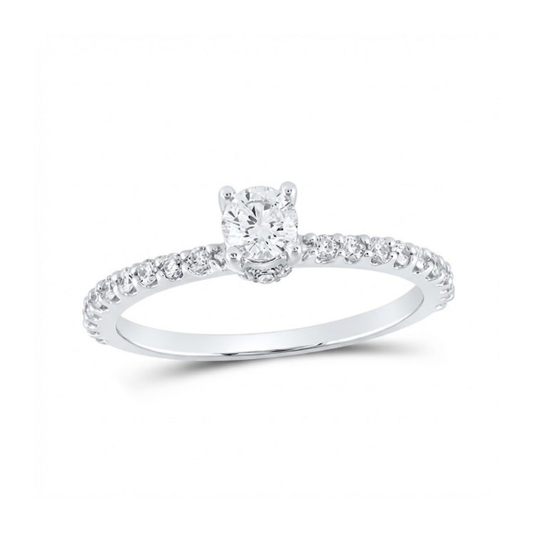 The 14k White Gold Round Diamond Solitaire Bridal Ring features a round diamond solitaire in a prong setting, with a band accented by sparkling smaller diamonds.