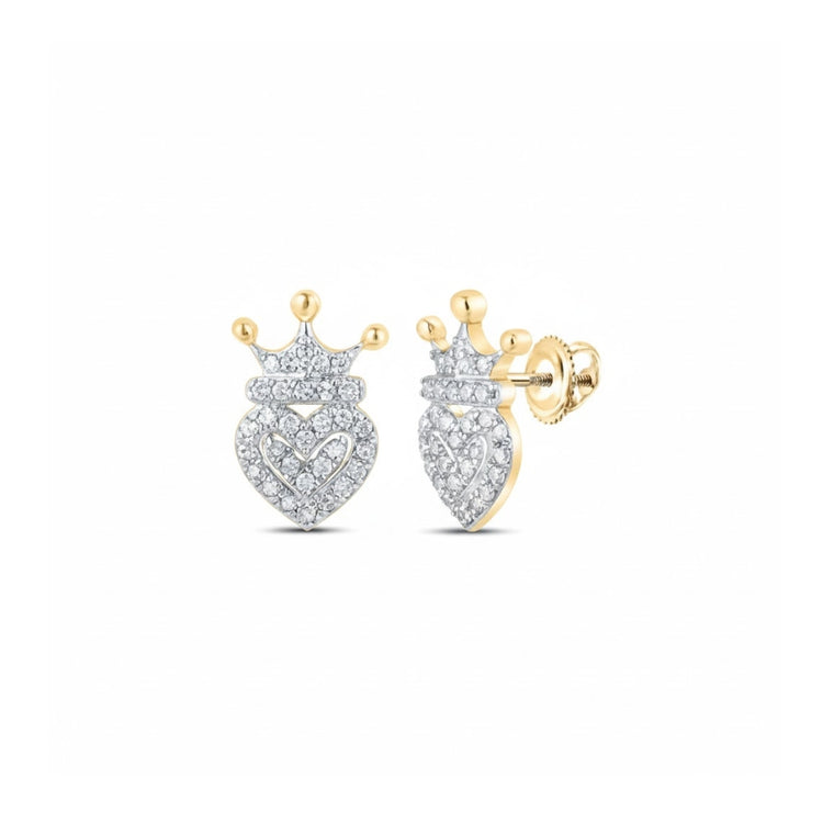 10k Gold Diamond Crown Heart Earrings 1/6 Cttw close-up detail - GOLDZENN