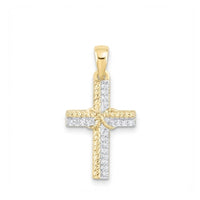 The 1/12CTW Natural Diamond Cross Pendant in 10K gold features a textured border, sparkling natural diamonds set at the center, and a gold loop for easy attachment to your favorite chain.