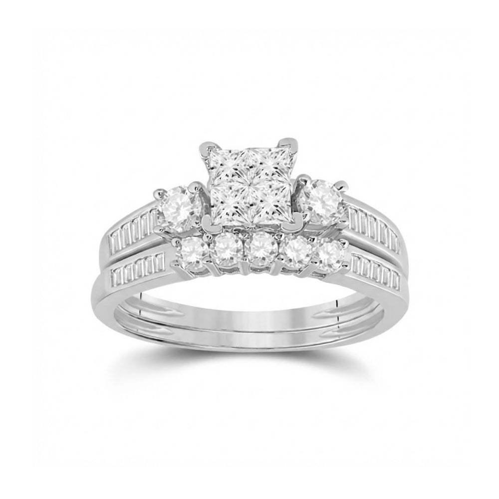 14k White Gold Princess Diamond Bridal Ring Set 1 Cttw