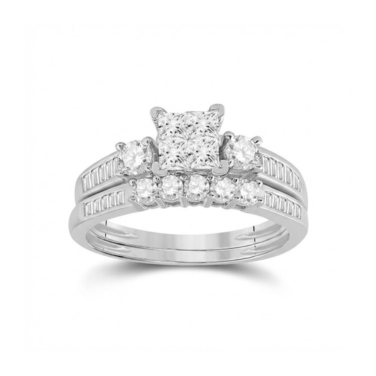 The 14k White Gold Princess Diamond Bridal Ring Set 1 Cttw showcases a square cluster of princess diamonds at the center, accented by round and baguette diamonds along the band.
