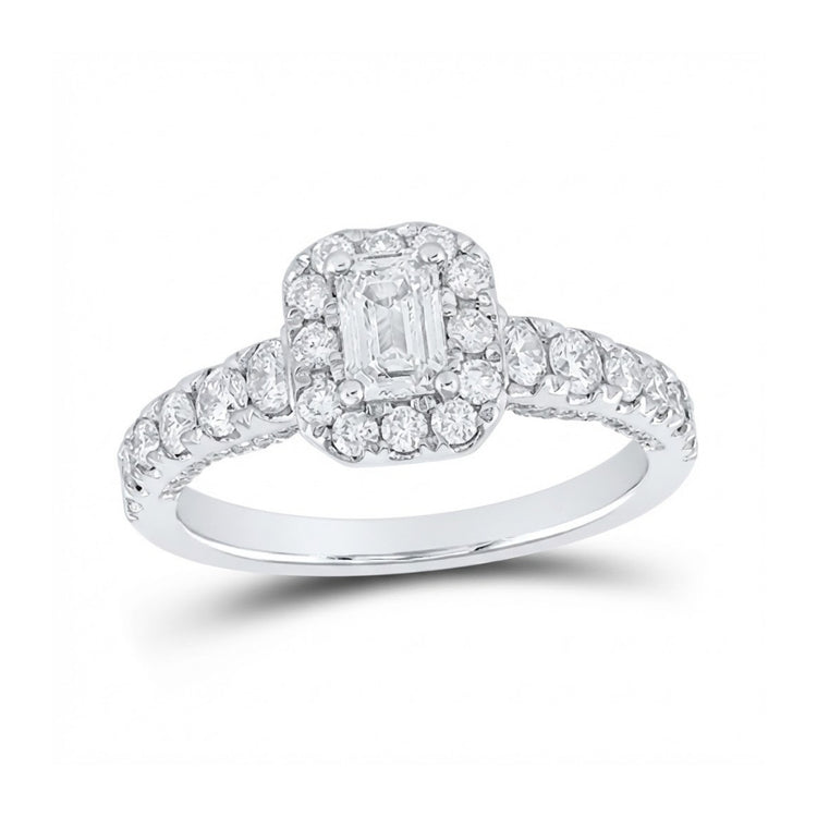 Introducing the 14k White Gold Emerald Diamond Halo Engagement Ring, showcasing an emerald-cut center diamond encircled by a round diamond halo and extra rounds along the band—an elegant bridal ring choice.