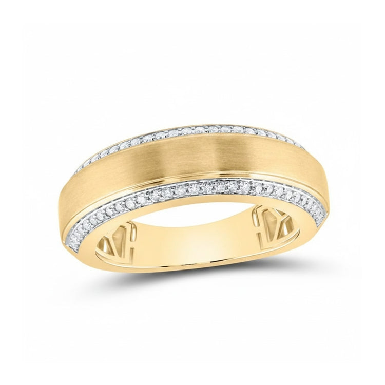 The 3/8CTW Men’s Diamond Band in 14K yellow gold showcases a matte center bordered by rows of natural diamonds, with elegant open inside detailing for a refined finish.