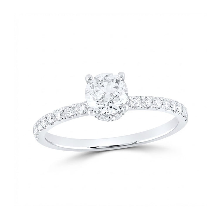 The 14K White Gold Round Diamond Solitaire Engagement Ring features a round-cut diamond in a four-prong setting, accented by smaller diamonds along the band—an elegant choice for a timeless engagement.