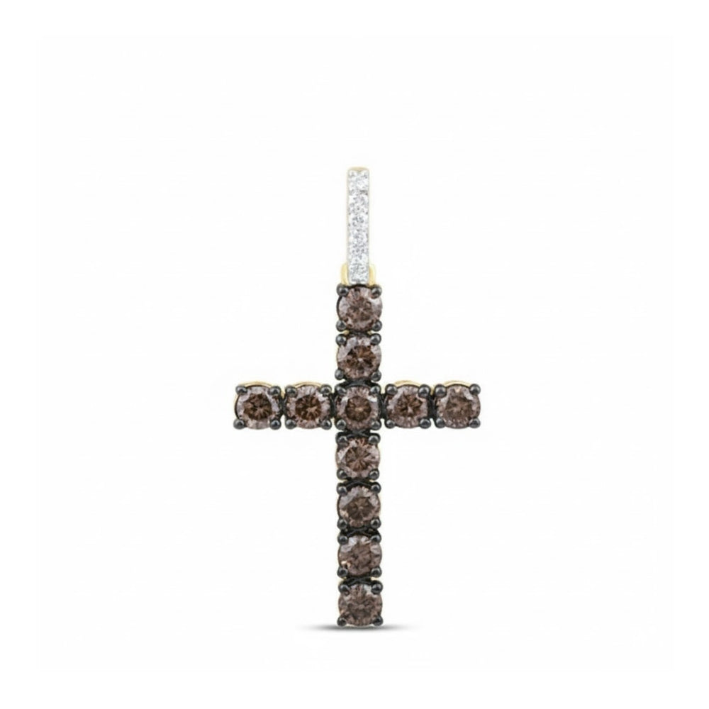 The Diamond Cross Pendant in 14K Yellow Gold features round brown gemstones in a cross shape and a vertical bail accented with natural diamonds, displayed on a plain white background.