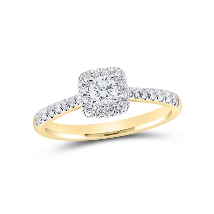 The 14k Gold Round Diamond Halo Engagement Ring features a round diamond center with a square halo and diamond-accented band—a timeless choice for your bridal set.