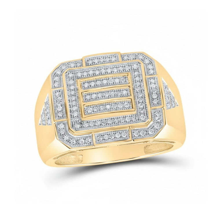 The 10k Yellow Gold Diamond Cluster Ring 1/3 Cttw features a bold geometric square design accented with sparkling diamonds in multiple rows on the top and sides.