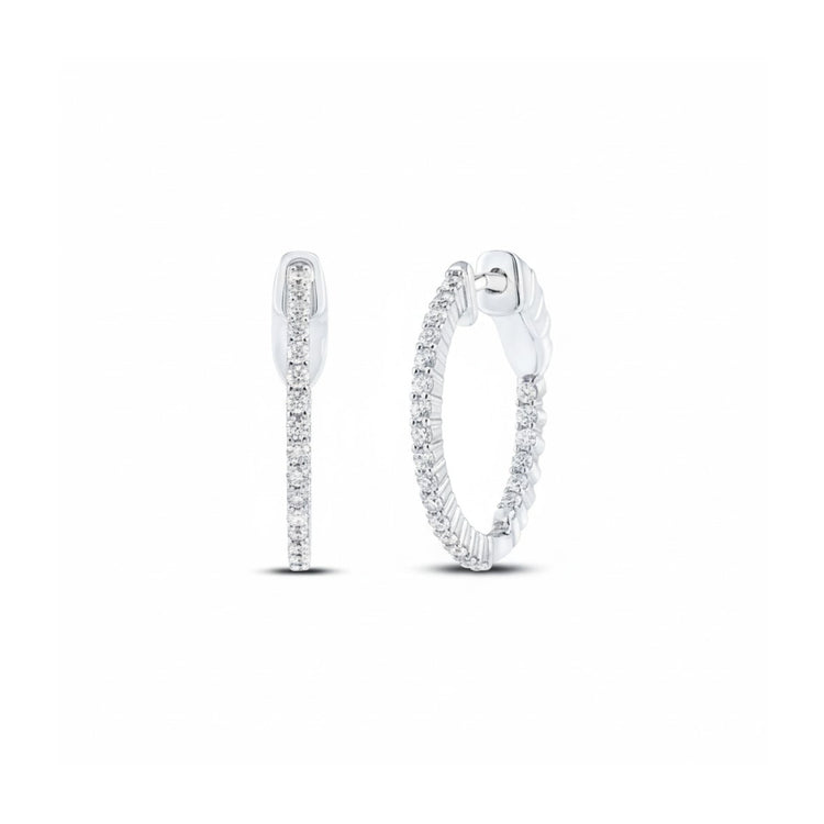 10k White Gold Round Diamond Hoop Earrings 1/2 Cttw close-up detail - GOLDZENN