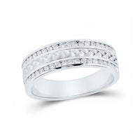 The 14k Gold Diamond Braided Wedding Band Ring 1/2 Cttw features two rows of small round diamonds on the edges and a textured geometric center, combining elegance with a unique braided design.