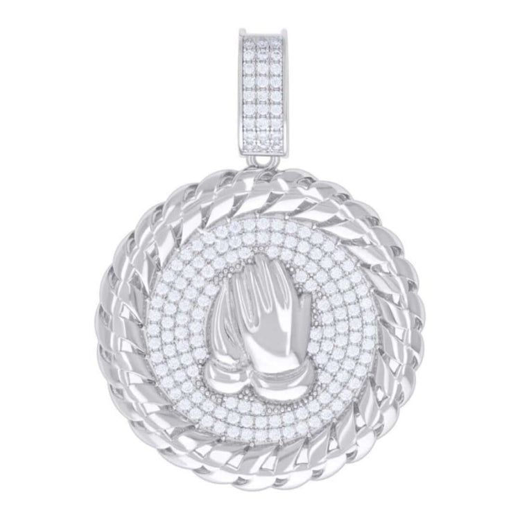 The 925 Silver Moissanite Praying Hands Symbol Charm features a round design with a twisted border, sparkling gemstones, and raised praying hands at the center, making it a meaningful spiritual jewelry piece.