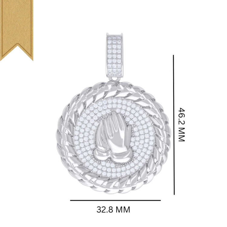 The 925 Silver Moissanite Praying Hands Symbol Charm features a raised praying hands design with sparkling stones, a twisted border, gold ribbon accent, and measures 46.2mm x 32.8mm—a true piece of spiritual jewelry.